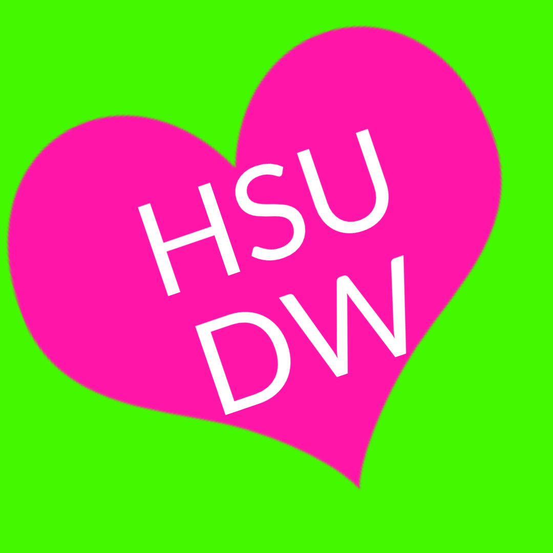  the text: 'HSU DW' on a sideways pink heart on a bright green background.